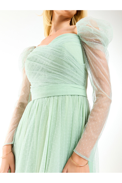 House of Moda By Styli Gathered Mesh Puff Sleeve Maxi Dress with Waist Belt Detail