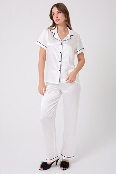 Loomiro طقم بيجامة من الساتان بأكمام قصيرة وأزرار LMR2109