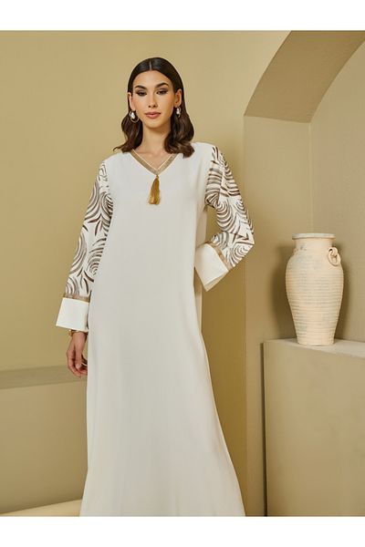 Styli Printed V-Neck Jalabiya with Tassel Detail