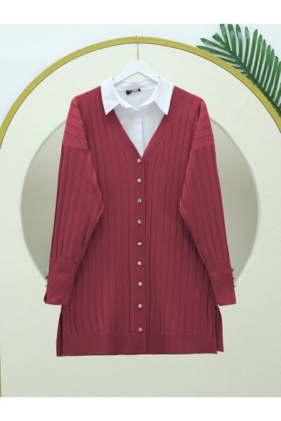 Modamorfo Metal Buttoned Slit Sweater Cardigan -Red