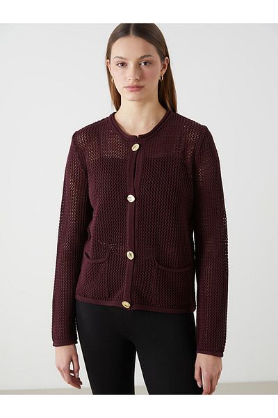 LC Waikiki Lcwaikiki Classic Burgundy Crew Neck Openwork Women's Knitwear Cardigan