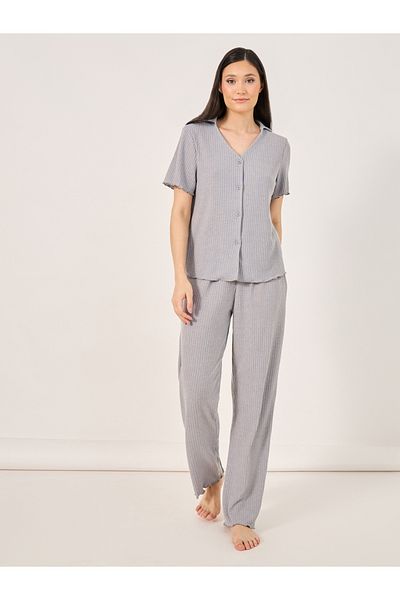 Styli Brushed Rib Lettuce Edge Shirt and Pyjama Set