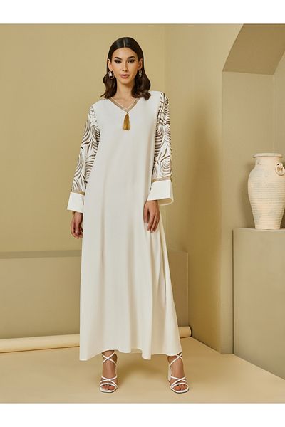 Styli Printed V-Neck Jalabiya with Tassel Detail