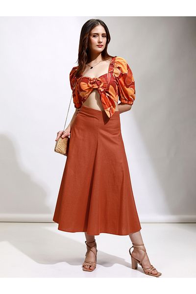 Tokyo Talkies By Styli Solid High Rise A-Line Flared Midi Skirt