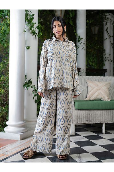 Sanskrutihomes By Styli All Over Print Collared Pocket Detail Shirt and Wide Leg Pants Co-Ords