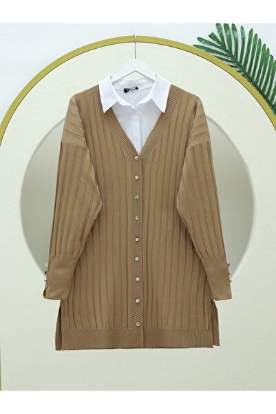 Modamorfo Metal Buttoned Slit Knitwear Cardigan -Mink