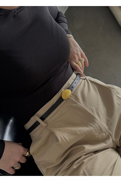 KİLİGİSTANBUL Ema Gold Oval Buckle Belt 100 Cm, Width 1 cm