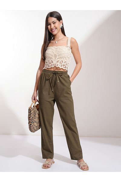Tokyo Talkies By Styli Solid Mid Rise Regular Fit Trousers with Drawstring