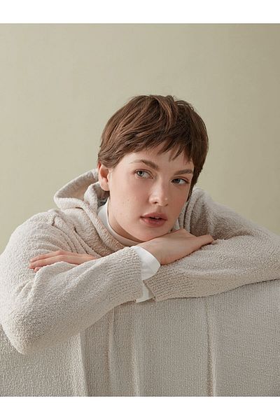 LC Waikiki Lcwaikiki Classic Beige Hooded Oversize Women's Knitwear Sweater
