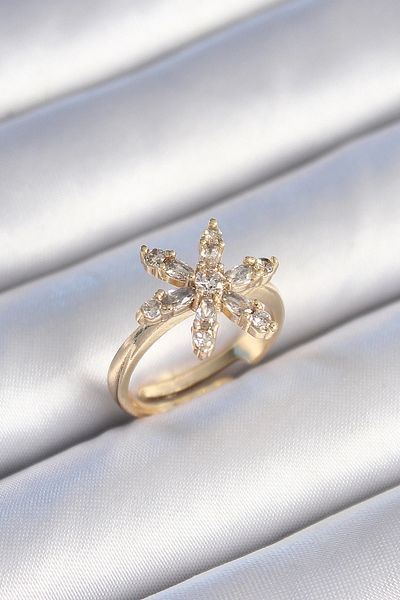 shopwave Brass Gold Color Zircon Stone Flower Model Women's Ring
