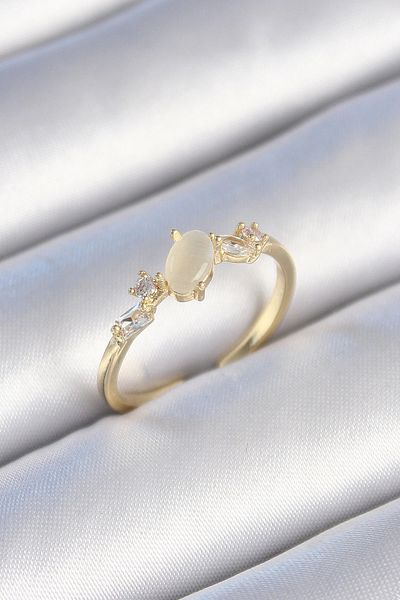 shopwave Brass Gold Color Zircon Stone Oval White Enameled Women's Ring