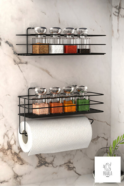 PUHALA HOUSE Siyah Yapışkanlı Baharatlık 2 Li Metal Kağıt Havluluk Baharat Standı Mutfak Rafı Yapışkanlı