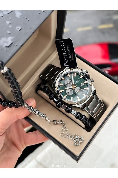 Ferrucci 45 mm Case Diameter, Functions Activated, Smoked Steel Band Calendar Men's Wrist Watch Bracelet Rosary