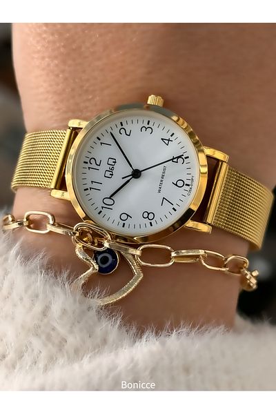 Q&Q Brand Yellow Color Mesh Steel Band with Numerals Women Wristwatch Hearted Bracelet