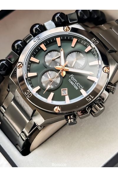 Ferrucci 45 mm Case Diameter, Functions Activated, Smoked Steel Band Calendar Men's Wrist Watch Bracelet Rosary