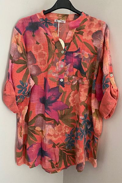 AYASOFYA OTANTIK Women's Italian Coral Lily Print Button Detail Folding Orphan Sleeves 100% Cotton Blouse