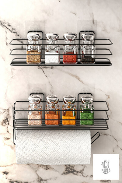 PUHALA HOUSE Siyah Yapışkanlı Baharatlık 2 Li Metal Kağıt Havluluk Baharat Standı Mutfak Rafı Yapışkanlı