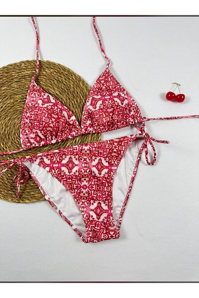 XORVİO Women's Ancient Star Patterned Red Bikini Set Stylish Stretchy Cotton New Season Young Bikini Set