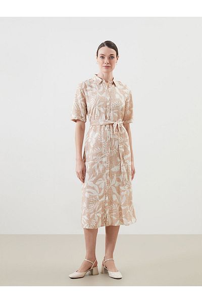 LC Waikiki Lcw Grace Beige Floral Linen Blended Women's Shirt Dress