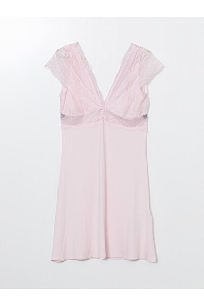 LC Waikiki Pink V-Neck Lace Detailed Women's Fancy Nightgown