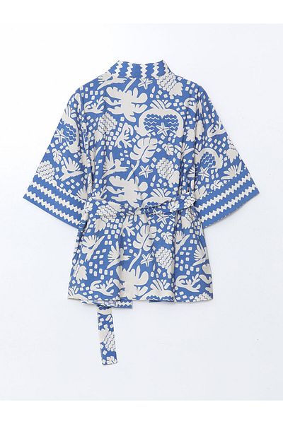 LC Waikiki Lcw Comfort Blue Wrap Collar Print Oversize Women's Kimono