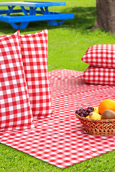 AfgTech Piknik Seti 170x170cm Piti Kareli Piknik Örtüsü, 40x40cm 4 Adet Minder