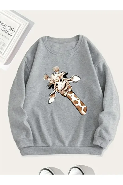 WOODROFFE Women's Side Giraffe Giraffe Printed Crew Neck Oversize Sweatshirt