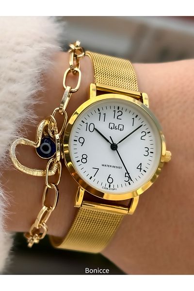 Q&Q Brand Yellow Color Mesh Steel Band with Numerals Women Wristwatch Hearted Bracelet
