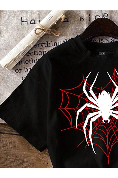 uyguntarz Bedrucktes, übergroßes Unisex-T-Shirt mit Spinnennetz