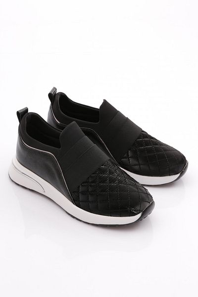 DGN Women's Elastic Square Patterned Sneaker Shoes Black Patent Leather White 31535105