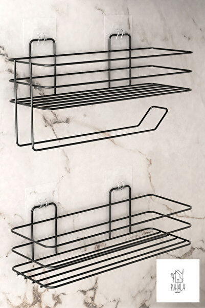 PUHALA HOUSE Siyah Yapışkanlı Baharatlık 2 Li Metal Kağıt Havluluk Baharat Standı Mutfak Rafı Yapışkanlı