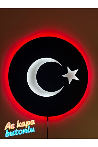 sem concept Ledli, Işıklı Yuvarlak Türk Bayrağı Tablosu, Dekoratif Ahşap Bayr...