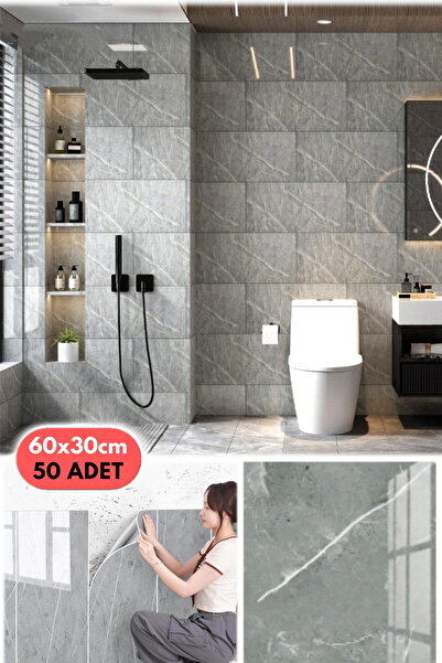 Munico 60 x 30 Cm Kolay Montajlı 50 Adet Gri Banyo Su Nem Geçirmez Duvar Kağıdı Yenileme Fayans Plastik