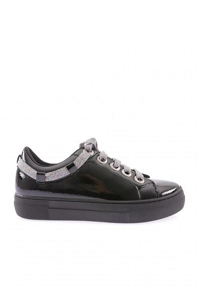 DGN Women's Silvery String Ankle Detailed Lace up Shoes Black Wrinkled 99121097