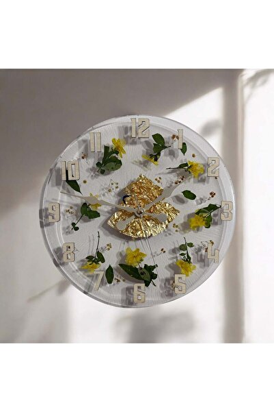 Pelince ساعة حائط راتنج ايبوكسي - ياسمين أصفر - القطر: 30 سم
