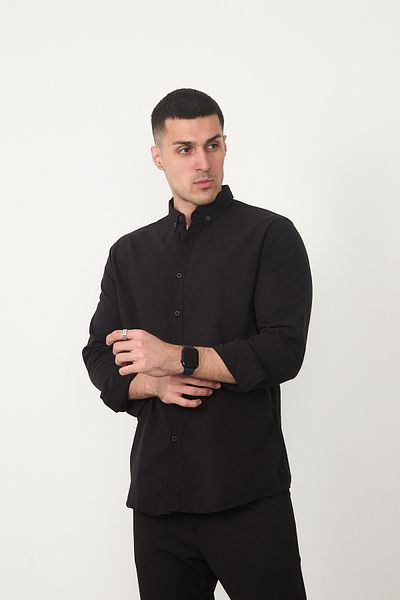 JR Boutique Мъжка памучна риза с дълъг ръкав без джобове - черна