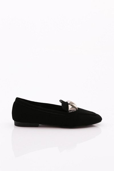 DGN 5001-23y Black Velvet Ballerinas - Silver Stone Metal Buckle Women