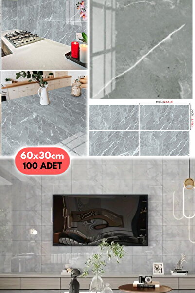 Munico 100PC 60x30 Cm Kendinden Yapışkanlı Gri 3D Şık Fayans Duvar Yapıştırma...