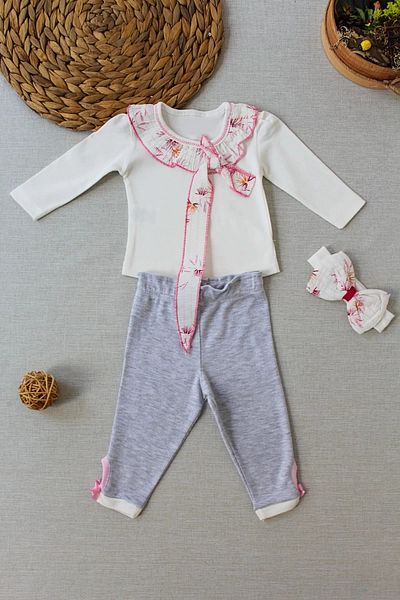 nerede bulurum Mademoiselle collar, ruffle detailed, bandana, long-sleeved sweatshirt, 3-piece girl baby set in ecru.