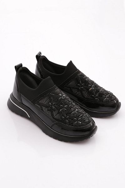 DGN Pantofi pantofi de damă cu detalii cu flori, piele neagră, neagră 51235105