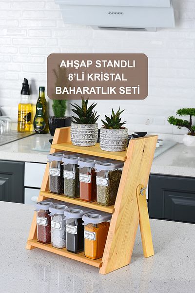 Rakishdesigner Countertop Spice Set with Wooden Stand, Crystal 8-Piece Spice Set, Spice Set with Spoon