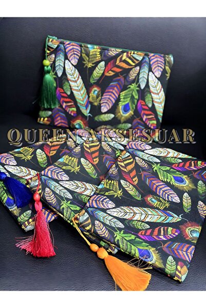QUEEN AKSESUAR Colorful Vivid Color Tasseled Peacock Feather Pattern Zipper Elcomelite Clutch Makeup Bag