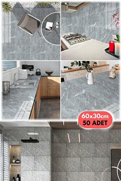 Munico 50 Parça Gri Seramik Fayans Mermer Duvar Fayans Kendinden Yapışkanlı E...