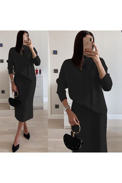 Moka Shopin Mokashopin Women's Long Sleeve Turtleneck Sweater and Side Slit Skirt Acrylic Double Set