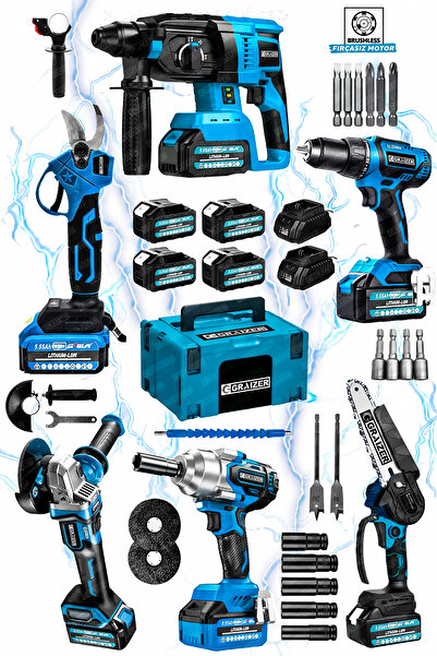 Graizer Profesyonel 6’lı Akülü Makine Seti Akülü Taşlama Budama Kırıcı Delici Makas Somun Sökme Vidalama