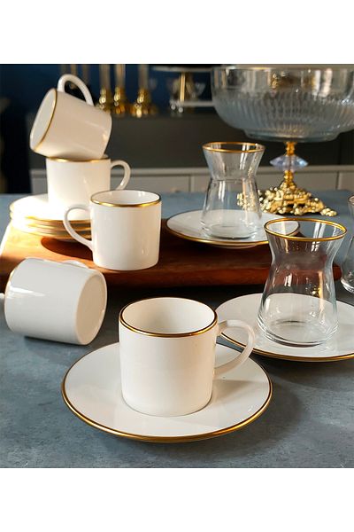 REGNA HOME Fine Living Sena Gilded 18 Piece Gold Tea-Coffee Glass Set, Turkish Coffee Cup Set Tea Set