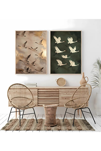 woodhomeworks Ahşap 2'li Çerçeveli göçmen kuşlar Soyut Dekoratif Tablo turnal...