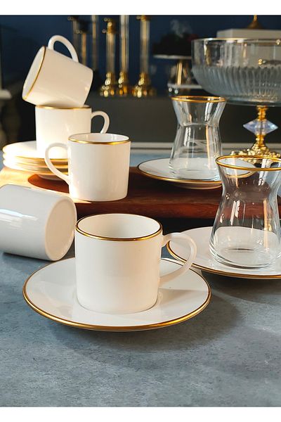 REGNA HOME Fine Living Sena Gilded 18 Piece Gold Tea-Coffee Glass Set, Turkish Coffee Cup Set Tea Set