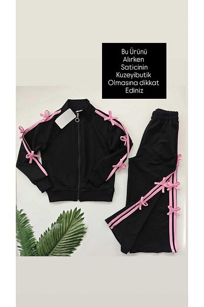 Kuzeyi Butik Female Child School Sportswear Bow Detailed Wide Leg Zipper Cardigan Tracksuit Set