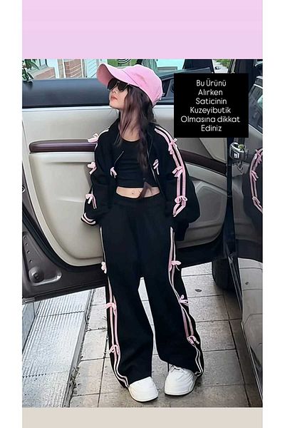 Kuzeyi Butik Female Child School Sportswear Bow Detailed Wide Leg Zipper Cardigan Tracksuit Set